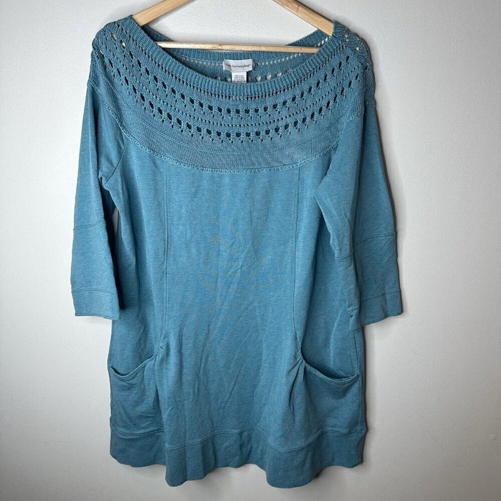 Soft Surroundings Tunic Womens L Blue 3/4 Sleeve Crochet Boatneck Pullover Modal